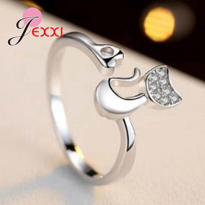 Cat &amp; heart Silver Zircon adjustable Ring , Silver/Rose Gold - Just Cats - Gifts for Cat Lovers