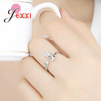 Cat &amp; heart Silver Zircon adjustable Ring , Silver/Rose Gold - Just Cats - Gifts for Cat Lovers