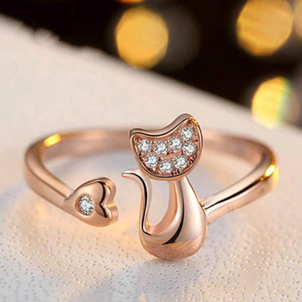 Cat &amp; heart Silver Zircon adjustable Ring , Silver/Rose Gold - Just Cats - Gifts for Cat Lovers