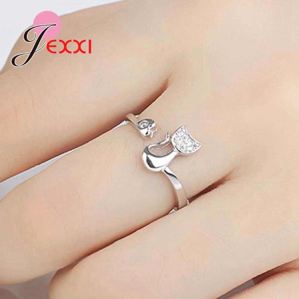 Cat &amp; heart Silver Zircon adjustable Ring , Silver/Rose Gold - Just Cats - Gifts for Cat Lovers