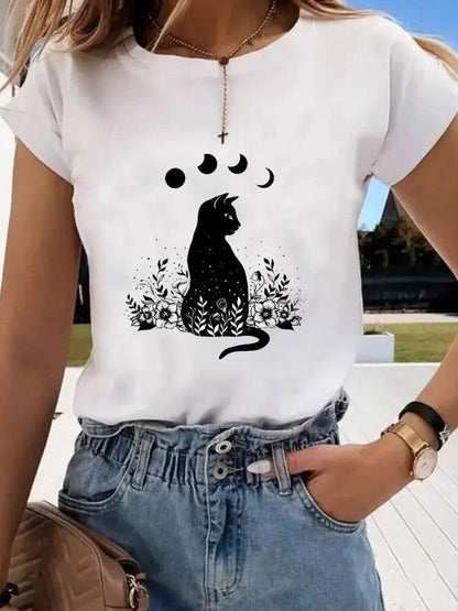 Cat and Moon Printed T-Shirt, White, 6 Designs, S-4XL - Just Cats - Gifts for Cat Lovers