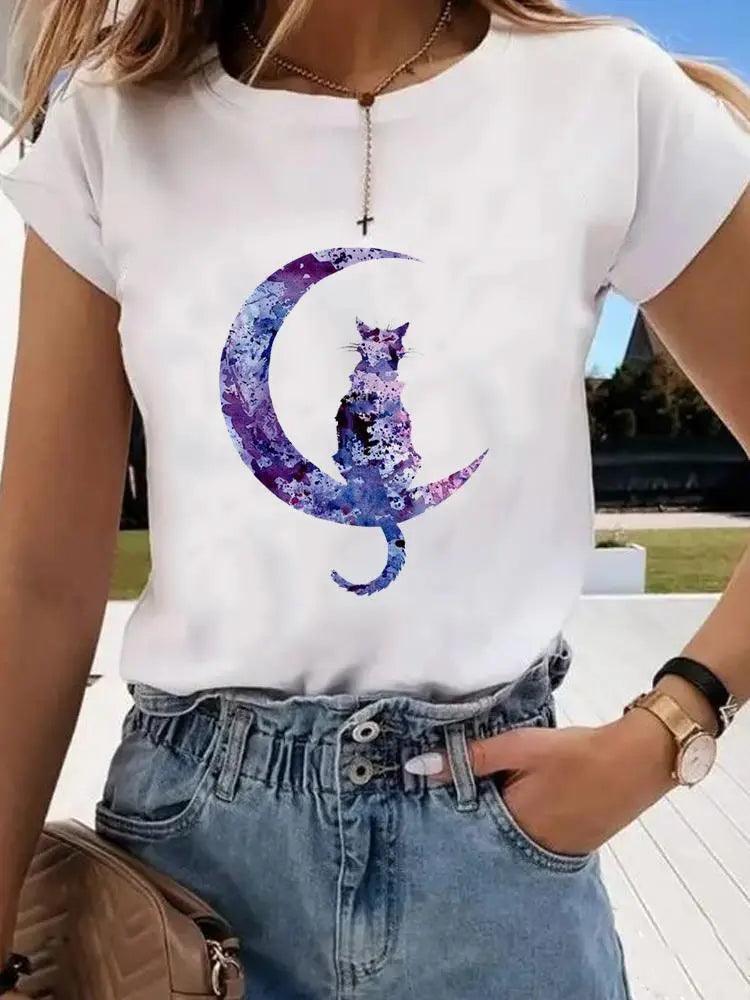 Cat and Moon Printed T-Shirt, White, 6 Designs, S-4XL - Just Cats - Gifts for Cat Lovers