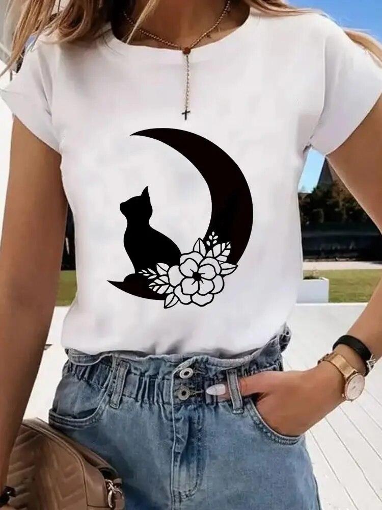 Cat and Moon Printed T-Shirt, White, 6 Designs, S-4XL - Just Cats - Gifts for Cat Lovers