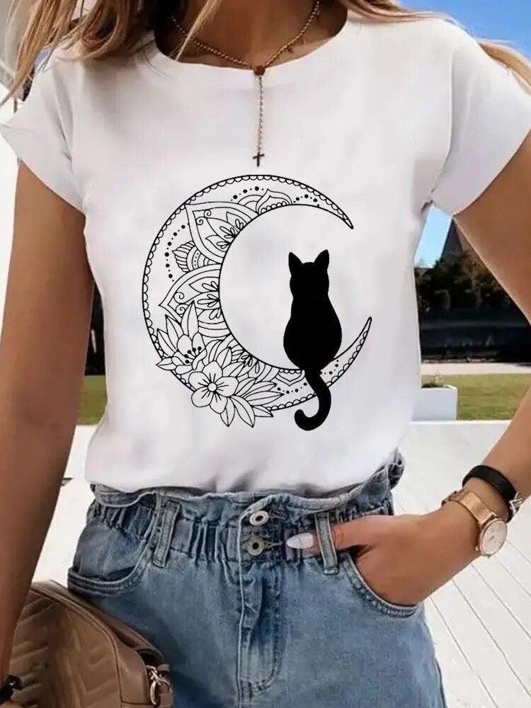 Cat and Moon Printed T-Shirt, White, 6 Designs, S-4XL - Just Cats - Gifts for Cat Lovers