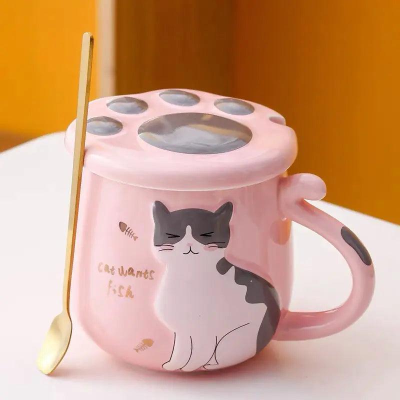 Cat Ceramig Mug with Lid and Spoon - Just Cats - Gifts for Cat Lovers