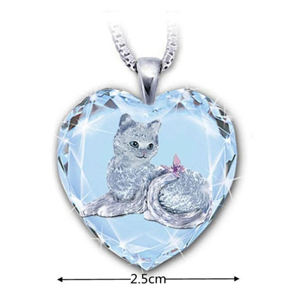 Cat in Heart-Shaped Crystal Pendant Necklace - Just Cats - Gifts for Cat Lovers