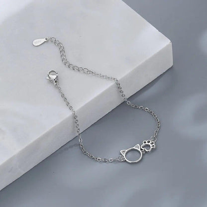 Cat Paw and Head Chain Bracelet, Silver - Just Cats - Gifts for Cat Lovers