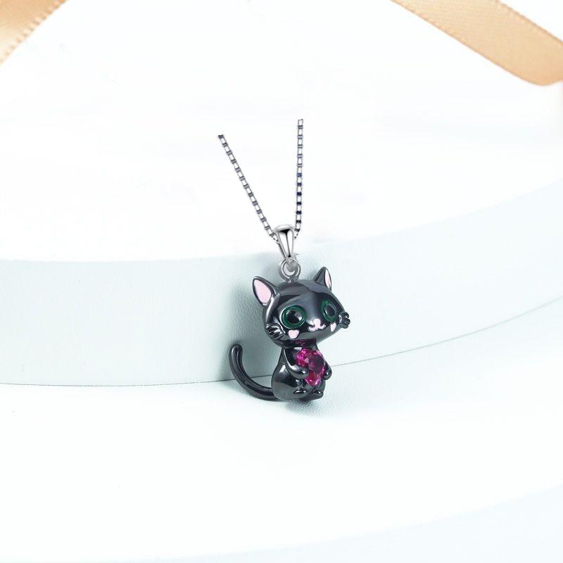 Cat pendant Necklace with Heart-Shaped Crystal - Just Cats - Gifts for Cat Lovers