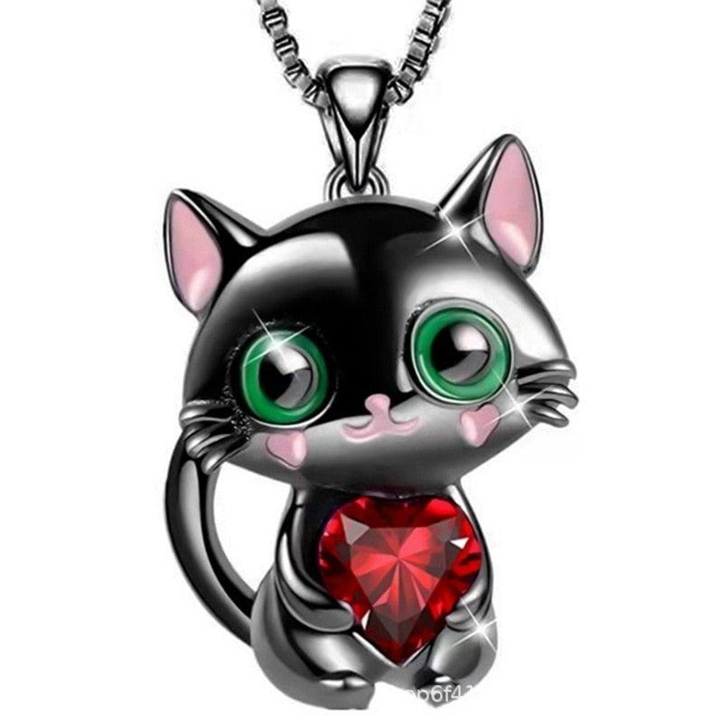 Cat pendant Necklace with Heart-Shaped Crystal - Just Cats - Gifts for Cat Lovers