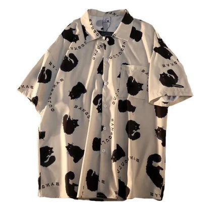 Cat Print Button Shirt, Black &amp; White, 2 variations, M-2XL - Just Cats - Gifts for Cat Lovers