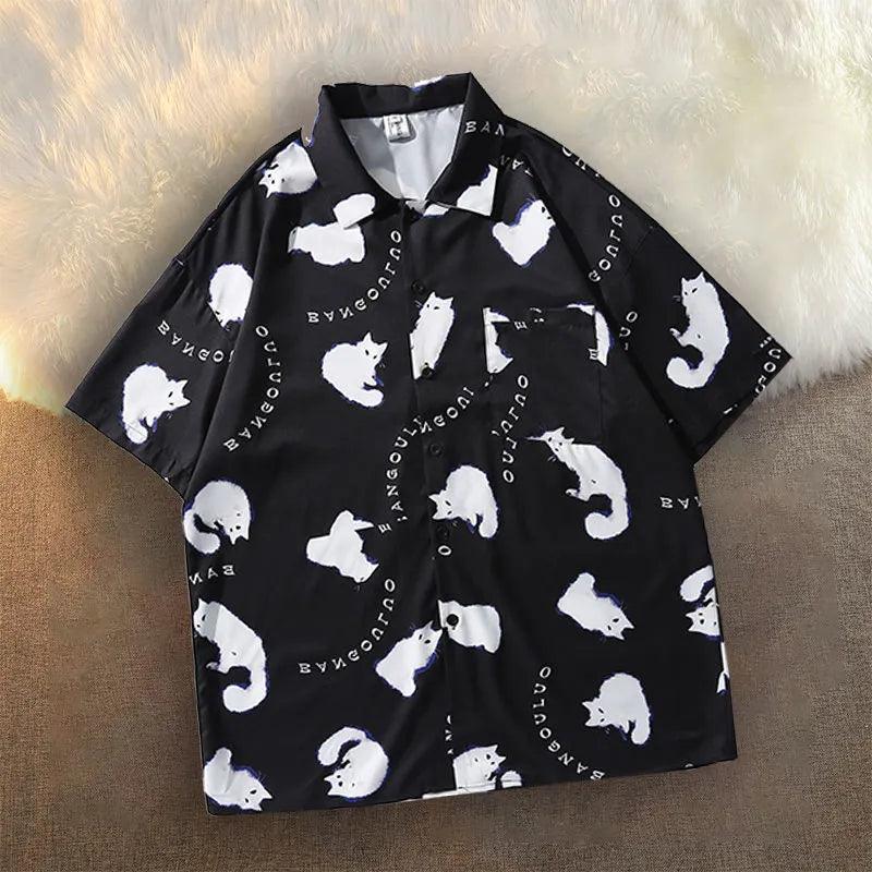 Cat Print Button Shirt, Black &amp; White, 2 variations, M-2XL - Just Cats - Gifts for Cat Lovers