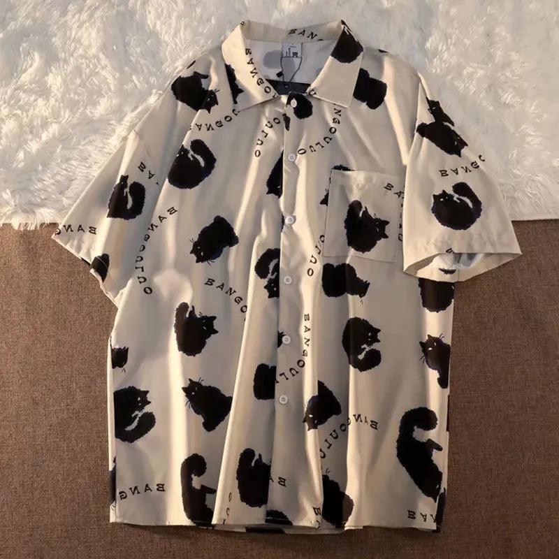 Cat Print Button Shirt, Black &amp; White, 2 variations, M-2XL - Just Cats - Gifts for Cat Lovers