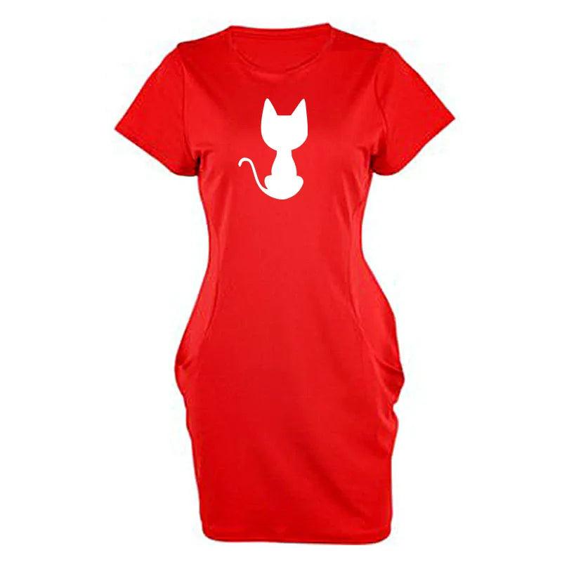 Cat Print Casual Loose Dress, 4 Desing Black/Blue/Red, S-2XL - Just Cats - Gifts for Cat Lovers