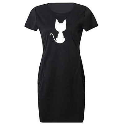 Cat Print Casual Loose Dress, 4 Desing Black/Blue/Red, S-2XL - Just Cats - Gifts for Cat Lovers