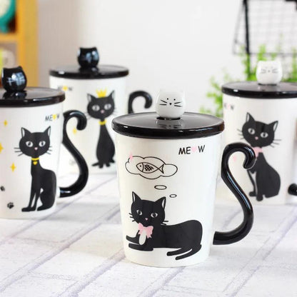 Cat Tail Handle Mug with Spoon and Lid, 4 Desings - Just Cats - Gifts for Cat Lovers