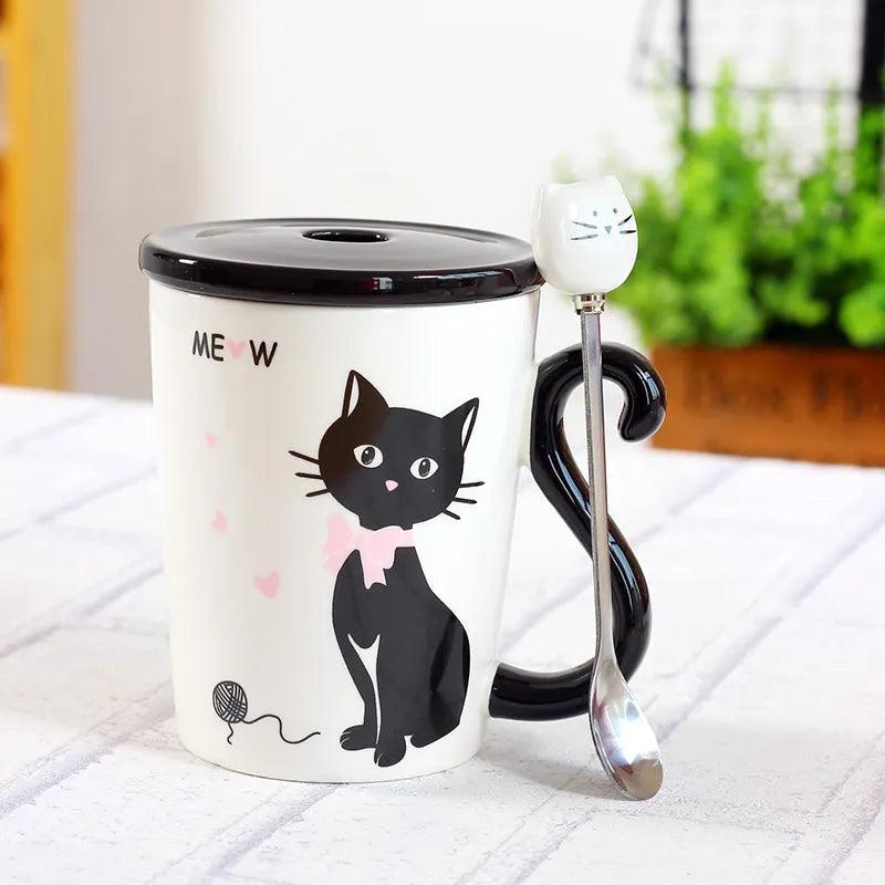 Cat Tail Handle Mug with Spoon and Lid, 4 Desings - Just Cats - Gifts for Cat Lovers