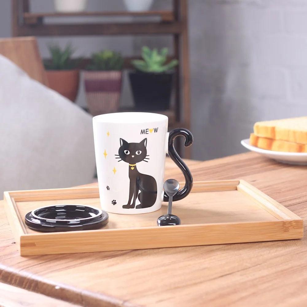 Cat Tail Handle Mug with Spoon and Lid, 4 Desings - Just Cats - Gifts for Cat Lovers