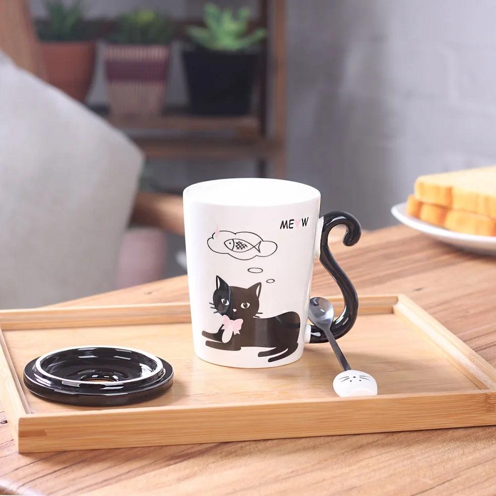 Cat Tail Handle Mug with Spoon and Lid, 4 Desings - Just Cats - Gifts for Cat Lovers