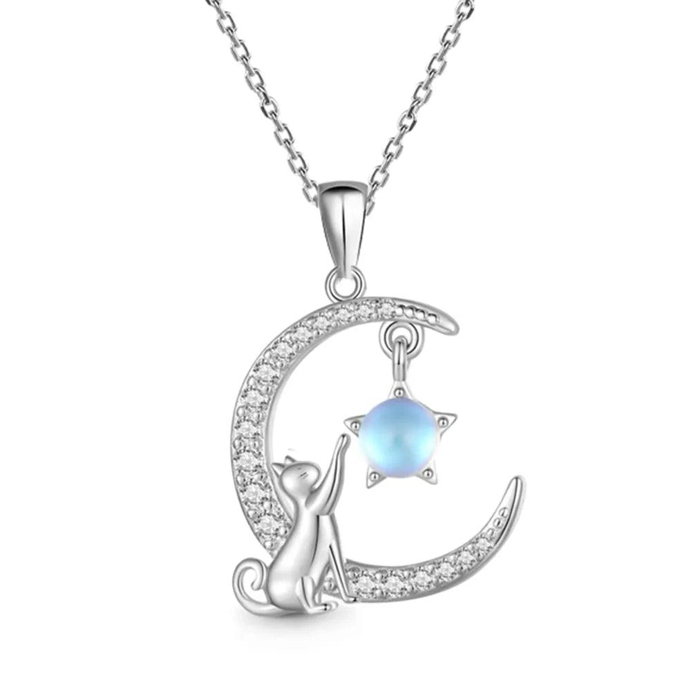 Cat with Moon and Star, Moonstone and Rhinstones Pendant Necklace - Just Cats - Gifts for Cat Lovers