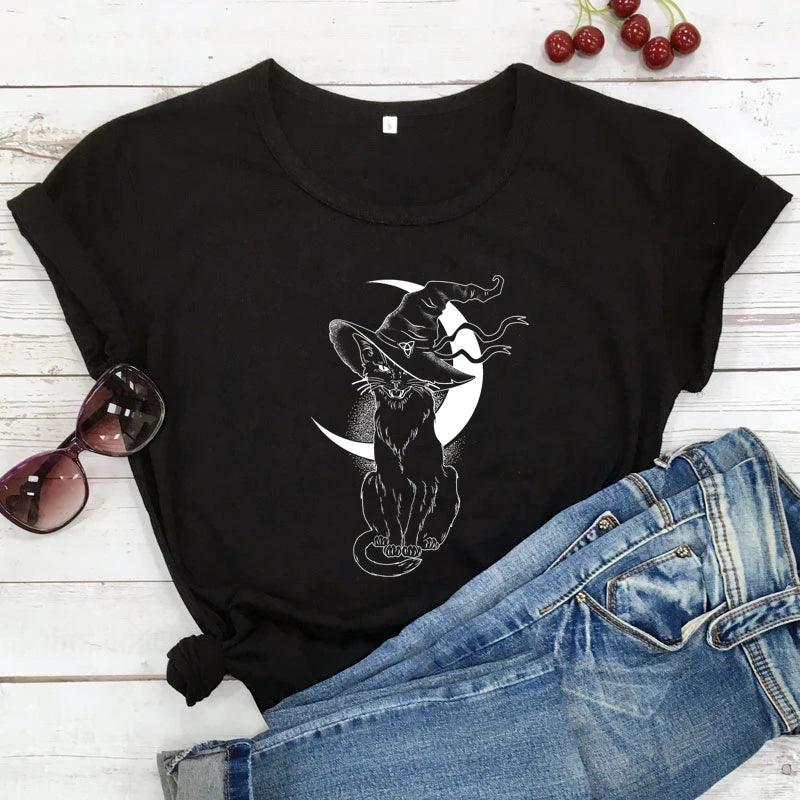 Cat With Witch Hat Printed T-Shirt, 13 Colors, S-3XL - Just Cats - Gifts for Cat Lovers