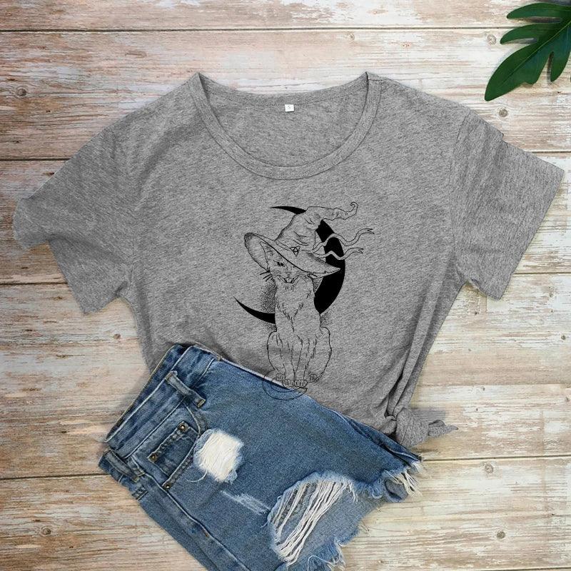 Cat With Witch Hat Printed T-Shirt, 13 Colors, S-3XL - Just Cats - Gifts for Cat Lovers