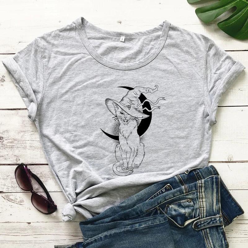 Cat With Witch Hat Printed T-Shirt, 13 Colors, S-3XL - Just Cats - Gifts for Cat Lovers