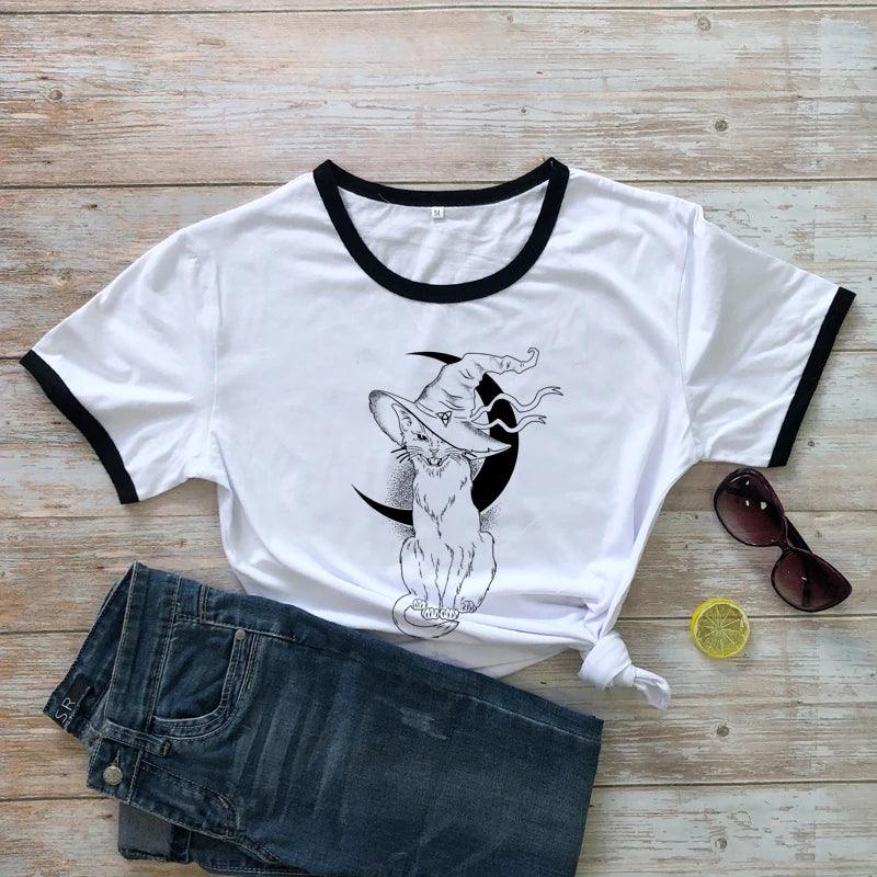 Cat With Witch Hat Printed T-Shirt, 13 Colors, S-3XL - Just Cats - Gifts for Cat Lovers