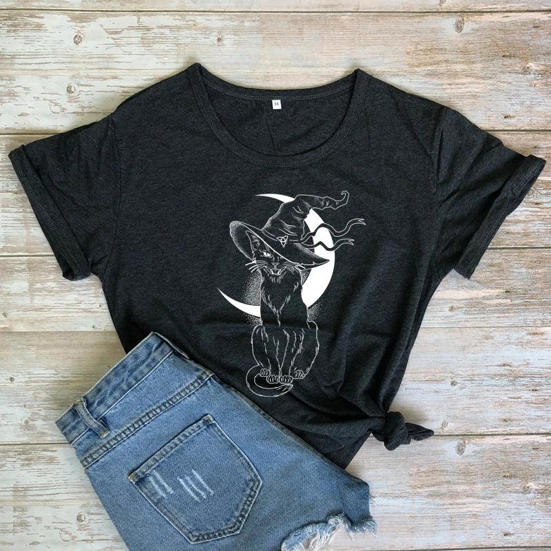 Cat With Witch Hat Printed T-Shirt, 13 Colors, S-3XL - Just Cats - Gifts for Cat Lovers