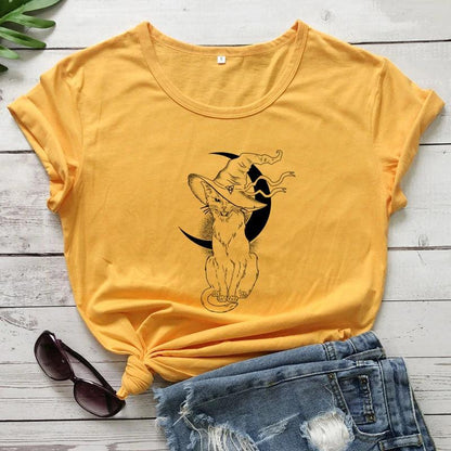 Cat With Witch Hat Printed T-Shirt, 13 Colors, S-3XL - Just Cats - Gifts for Cat Lovers