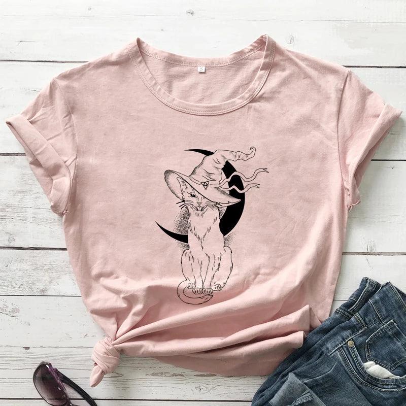 Cat With Witch Hat Printed T-Shirt, 13 Colors, S-3XL - Just Cats - Gifts for Cat Lovers