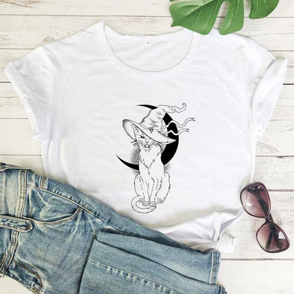 Cat With Witch Hat Printed T-Shirt, 13 Colors, S-3XL - Just Cats - Gifts for Cat Lovers