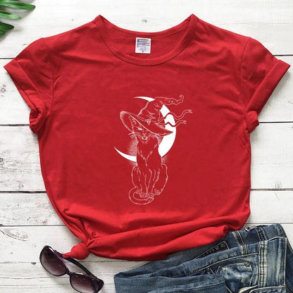 Cat With Witch Hat Printed T-Shirt, 13 Colors, S-3XL - Just Cats - Gifts for Cat Lovers