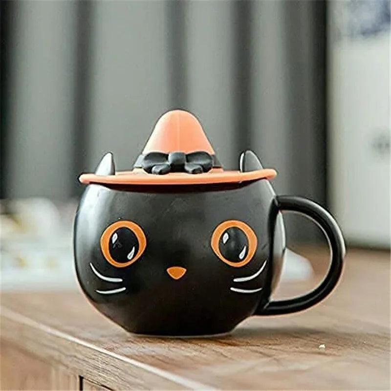 Ceramic Halloween Black Cat Coffee Mug with Spoon &amp; Lid - Just Cats - Gifts for Cat Lovers