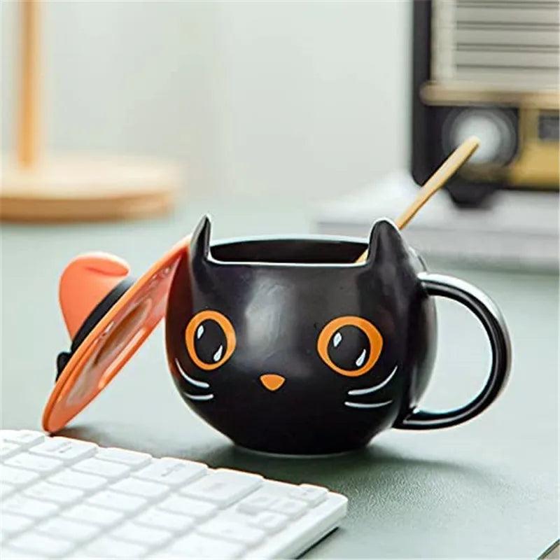 Ceramic Halloween Black Cat Coffee Mug with Spoon &amp; Lid - Just Cats - Gifts for Cat Lovers