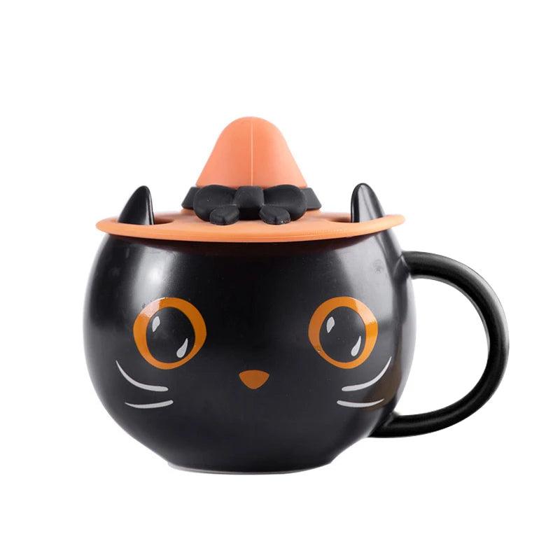 Ceramic Halloween Black Cat Coffee Mug with Spoon &amp; Lid - Just Cats - Gifts for Cat Lovers