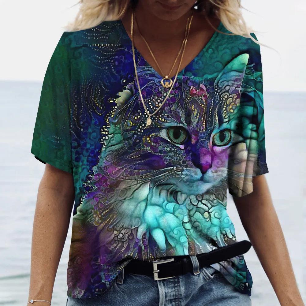 Colourful Cat print Blouse/T-Shirt, 10 Designs, S-4XL - Just Cats - Gifts for Cat Lovers