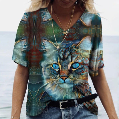 Colourful Cat print Blouse/T-Shirt, 10 Designs, S-4XL - Just Cats - Gifts for Cat Lovers