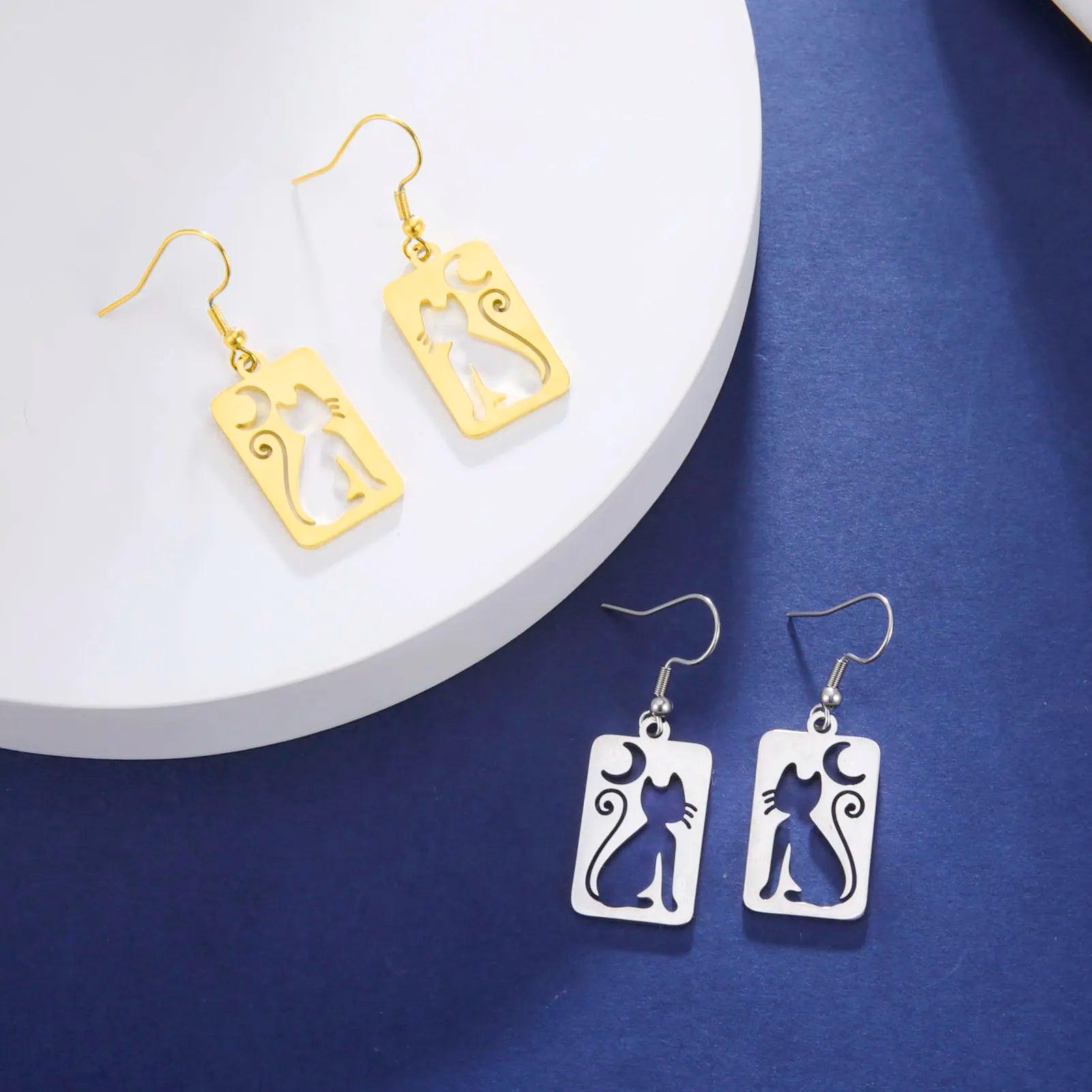 Crescent Moon Cat Stainless Steel Drop Earrings - Just Cats - Gifts for Cat Lovers