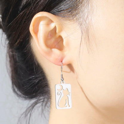 Crescent Moon Cat Stainless Steel Drop Earrings - Just Cats - Gifts for Cat Lovers