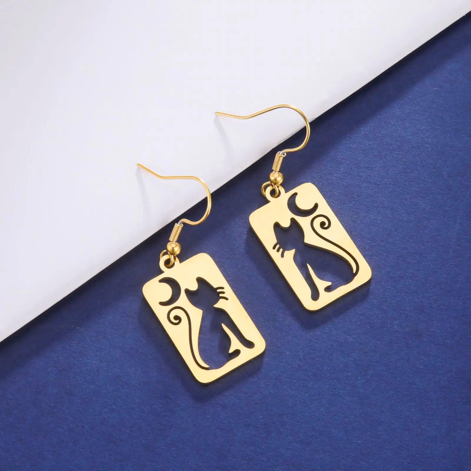 Crescent Moon Cat Stainless Steel Drop Earrings - Just Cats - Gifts for Cat Lovers