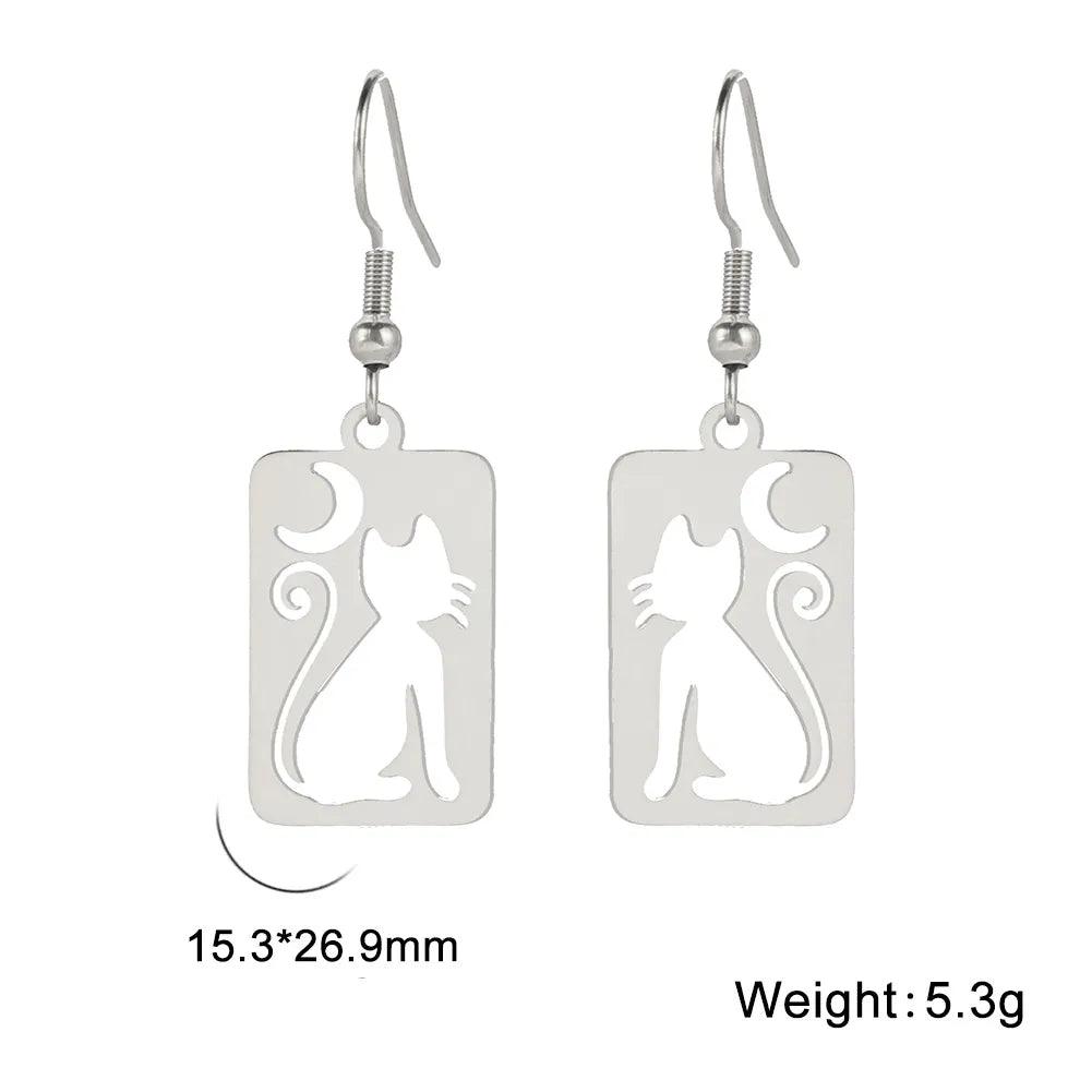 Crescent Moon Cat Stainless Steel Drop Earrings - Just Cats - Gifts for Cat Lovers