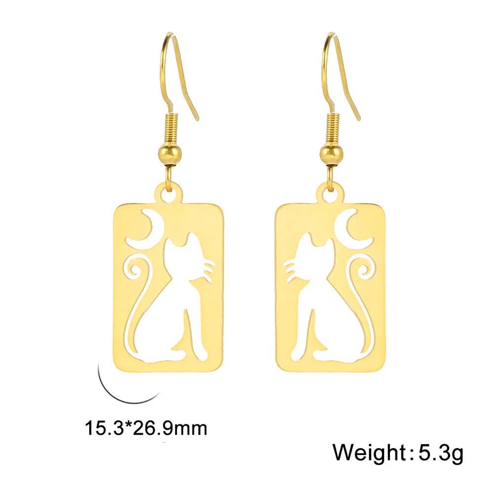 Crescent Moon Cat Stainless Steel Drop Earrings - Just Cats - Gifts for Cat Lovers