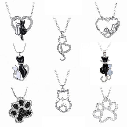 Crystal Rhinestone Black and White Cat and Paw Pendant Necklaces - Just Cats - Gifts for Cat Lovers