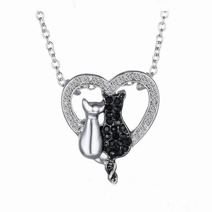 Crystal Rhinestone Black and White Cat and Paw Pendant Necklaces - Just Cats - Gifts for Cat Lovers