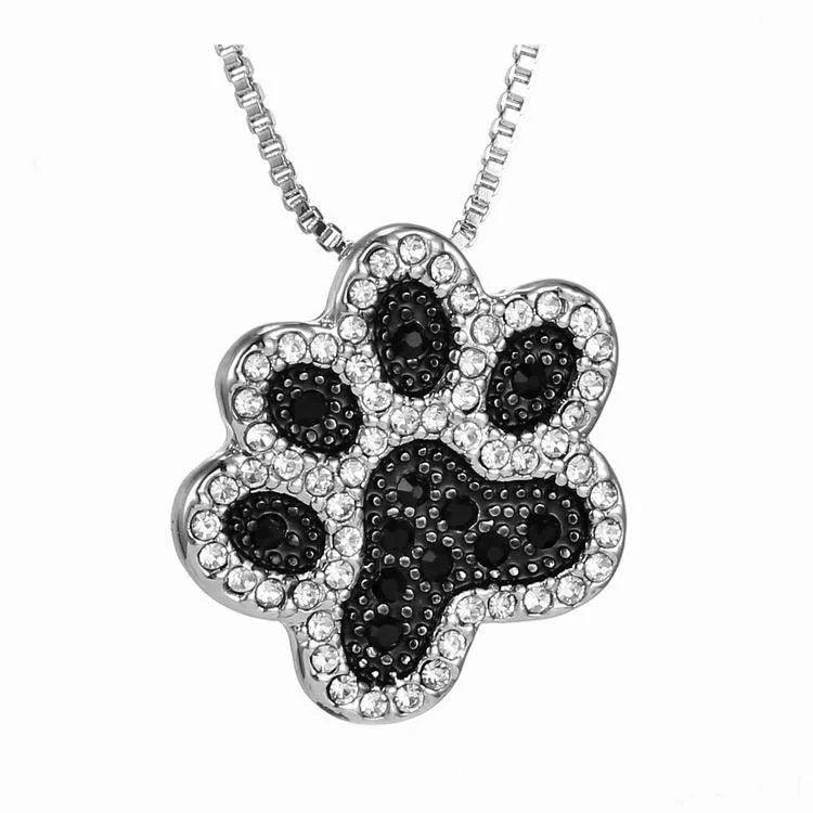 Crystal Rhinestone Black and White Cat and Paw Pendant Necklaces - Just Cats - Gifts for Cat Lovers