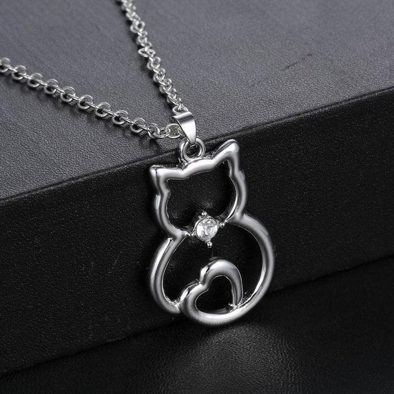 Crystal Rhinestone Black and White Cat and Paw Pendant Necklaces - Just Cats - Gifts for Cat Lovers