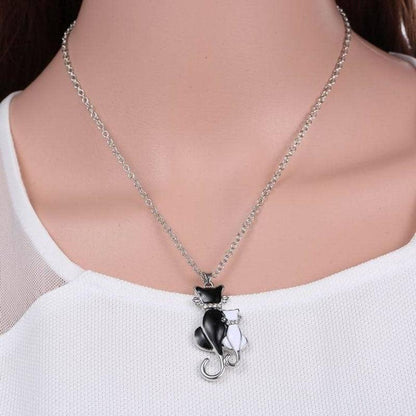 Crystal Rhinestone Black and White Cat and Paw Pendant Necklaces - Just Cats - Gifts for Cat Lovers