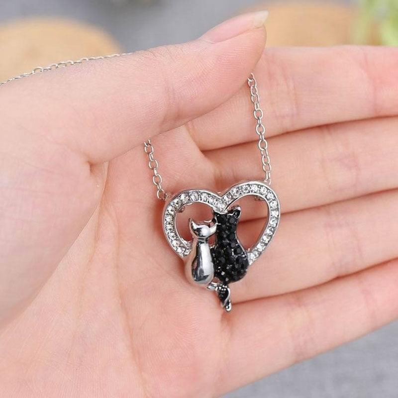 Crystal Rhinestone Black and White Cat and Paw Pendant Necklaces - Just Cats - Gifts for Cat Lovers