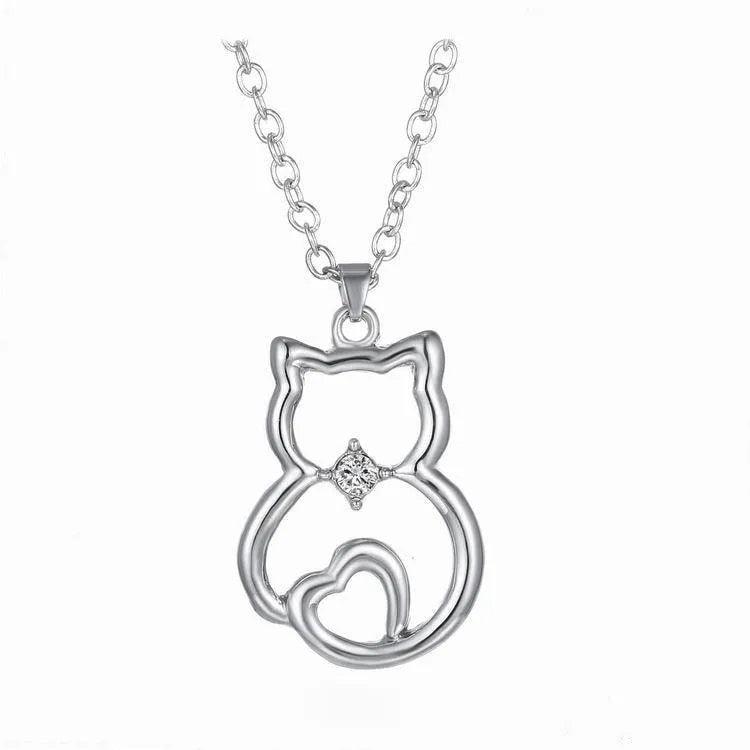 Crystal Rhinestone Black and White Cat and Paw Pendant Necklaces - Just Cats - Gifts for Cat Lovers