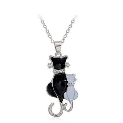 Crystal Rhinestone Black and White Cat and Paw Pendant Necklaces - Just Cats - Gifts for Cat Lovers